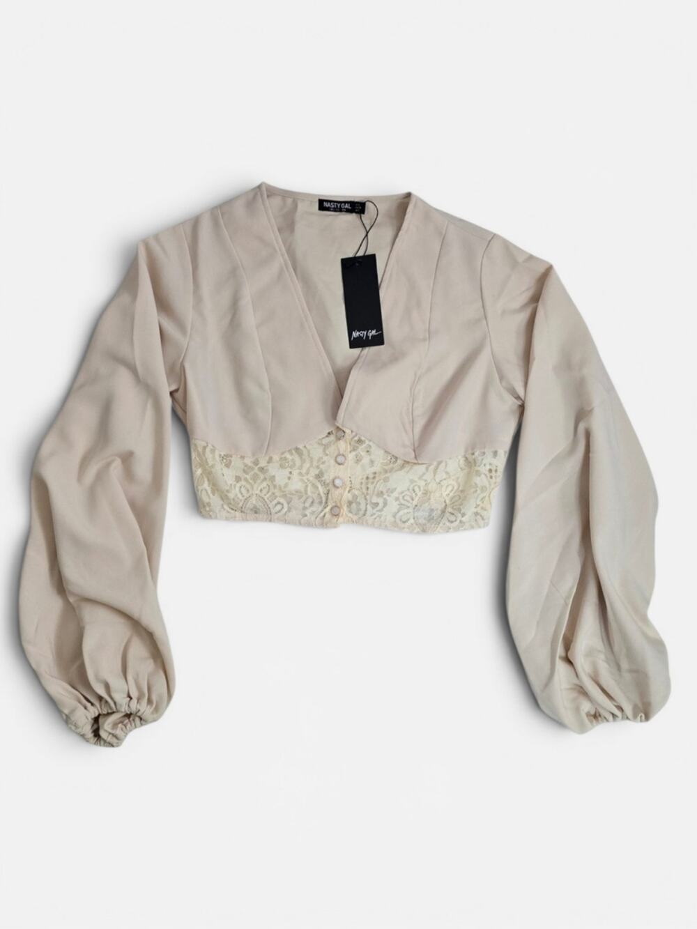 Nasty Gal NWT Beige Lace Cropped Baloon Sleeve Romantic Blouse